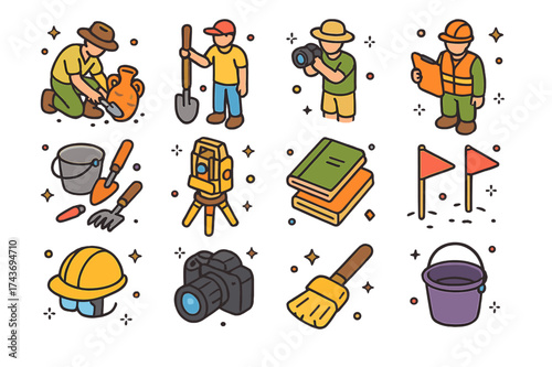 Fieldwork Team Icons. Fieldwork team. Colorful isometric vector icons set of fieldwork team: archaeologist, assistant, photographer, dig supervisor, excavation