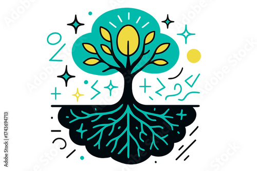 Glowing Tree of Connections. Tree root. A glowing tree with visible roots spreading underground, abstract lines and sparkles showing hidden strength and