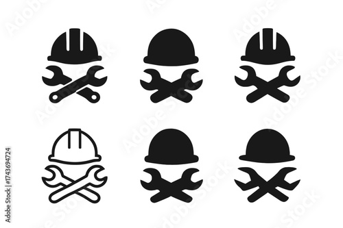 Helmet Logo Variations. Equipment Assembly. Set Logo of Equipment Assembly: helmet. harmonious logo variations of the same emblematic concept, each with