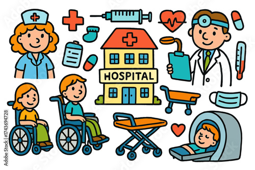 Colorful Hospital Doodles. Hospital Visit. Colorful Hand-drawn doodle Children illustration hospital building, patient, doctor, nurse, stretcher, wheelchair,