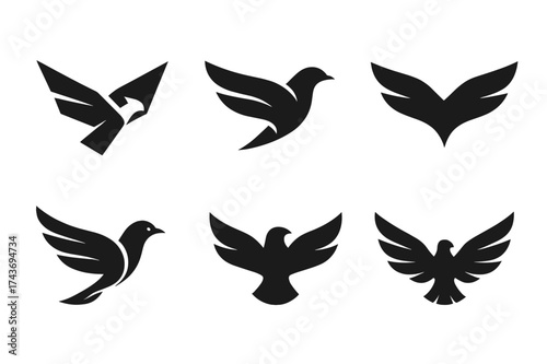 Migrating Birds Logos. A flock of birds migrating across the sky at sunset, silhouetted against the colorful horizon. Set Logo of winged motion: abstract bird