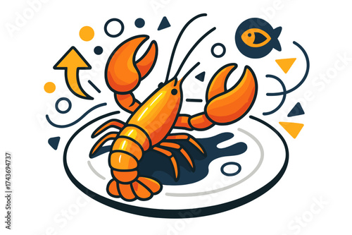 Vibrant Lobster Art. Glowing lobster. A vibrant lobster on a plate, abstract floating bubbles and geometric shapes emphasizing freshness and oceanic origin.