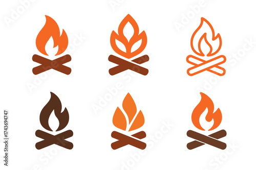 Backpacking Logo Variations. Backpacking Journey. Set Logo of Backpacking Journey: campfire. harmonious logo variations of the same emblematic concept, each
