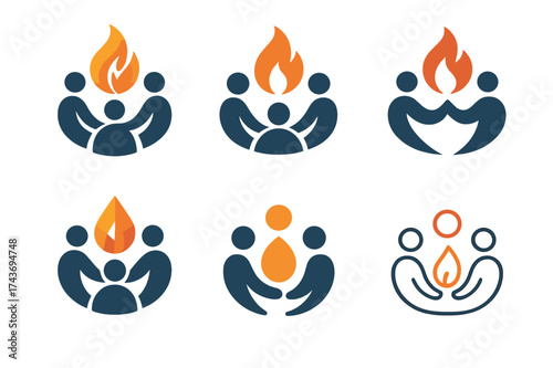 Creative Spark Logos. Team brainstorming innovative ideas. Set Logo of creative spark: central flame or spark shared by team. harmonious logo variations of the