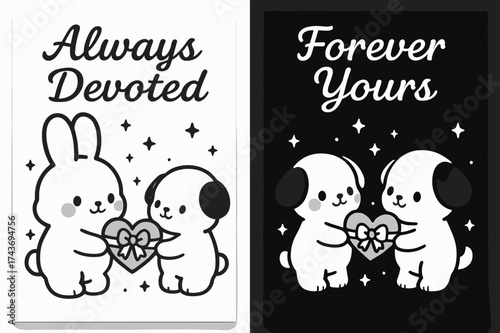 Always Devoted Banners. Devotion. Two vertical A6 banners, kawaii, black and white backgrounds, cute characters exchanging a ribbon-wrapped heart with tiny