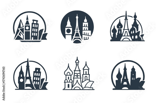 City Skyline Logos. Travel destinations. Set Logo of city skyline: famous landmarks in stylized form. harmonious logo variations of the same emblematic