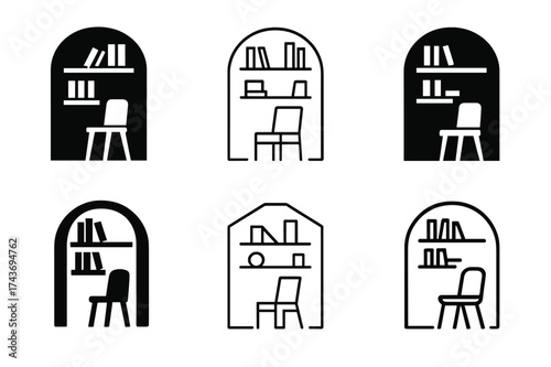 Logo Variations Grid. Interior design ideas for small spaces. Set Logo of Interior design ideas for small spaces: Built-in Shelving. harmonious logo variations