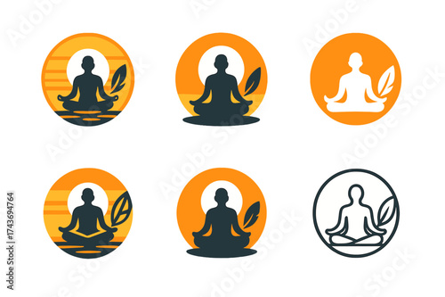 Serenity Badge Variations. Letting go of stress from the day. Set Logo of serenity badge: circular emblem with meditating figure, sunset, and