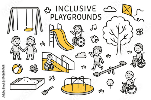 Inclusive Playground Fun. Inclusive Playgrounds. Hand-drawn doodle illustration swing (colored), slide, wheelchair ramp (colored), sandbox, ball (colored),
