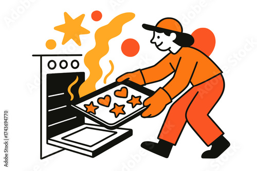 Oven-Baked Delights. Oven magic. A character opening an oven door with warm glowing steam rising from a tray of cookies shaped like hearts and stars, abstract