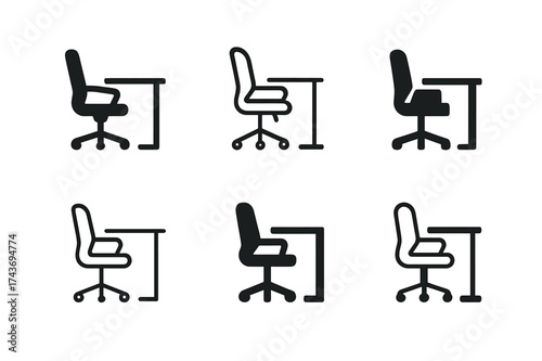 Creative Workspace Logos. Designing home office spaces for productivity. Set Logo of Interior design: ergonomic chair and desk icon. harmonious logo variations