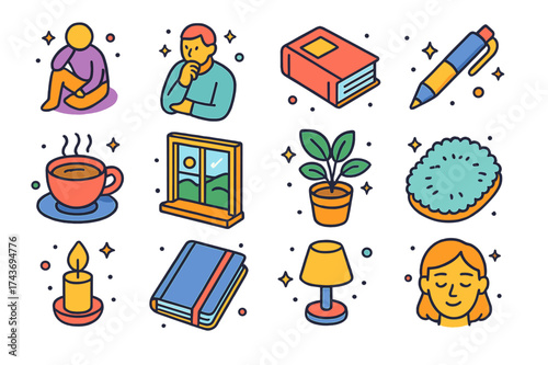 Contemplative Icon Set. Contemplation. Colorful isometric vector icons set of contemplation: seated figure, thoughtful pose, book, pen, teacup, window view,