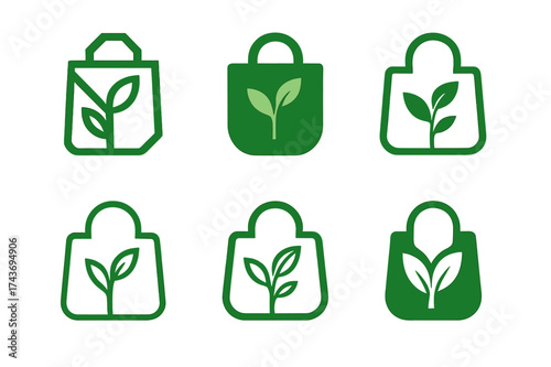 Eco-Friendly Logo Designs. Sustainable living and eco-friendly products. Set Logo of Sustainable living and eco-friendly products: Reusable shopping bag.