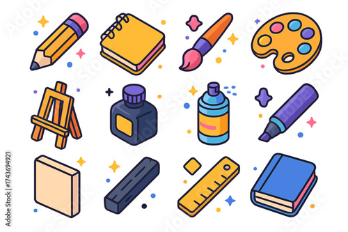 Colorful Creative Tools. Creative Tools. Colorful isometric vector icons set of creative tools: pencil, sketchbook, paintbrush, palette, easel, ink bottle,