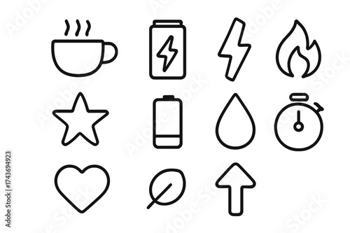 Daily Boost Icons. Daily boost. Line icon set of daily boost: coffee cup, energy can, lightning bolt, flame, star, battery, droplet, stopwatch, heart, arrow