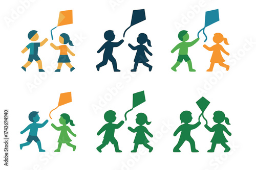 Kids Play Logo Variations. Children playing sports or engaging in physical activities. Set Logo of outdoor play: kids flying kite or playing catch. harmonious