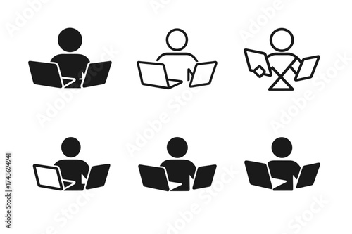Multitasking Student Logos. Students using laptops and tablets in classrooms. Set Logo of multitasking student: figure with both laptop and tablet open.