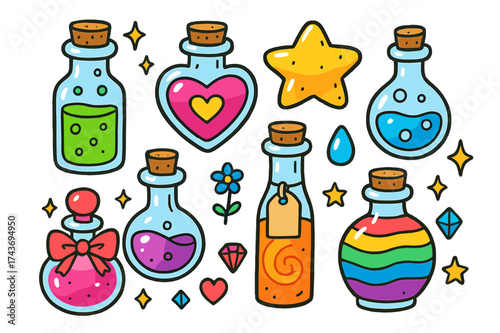 Whimsical Potion Bottles. Bottles. Colorful Hand-drawn doodle Children illustration Glass bottle, cork, potion bottle, heart-shaped bottle, star-shaped bottle,
