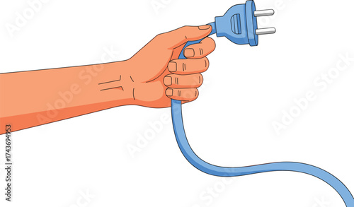 Hand holding blue electrical plug with two prongs, vector illustration for energy connection, power safety, electricity usage on white background