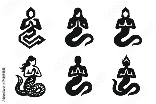 Naga Logo Variations. A mythical creature blending human and animal features. Set Logo of naga: human torso with serpent lower body. harmonious logo variations