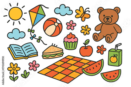Playful Picnic Doodles. Outdoor Fun. Colorful Hand-drawn doodle Children illustration Kite, ball, teddy bear, apple, watermelon, juice box, sandwich,