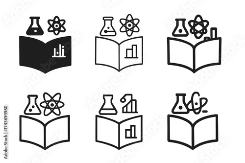 Diverse Project Emblems. Students making presentations and projects. Set Logo of research book: open book with project symbols. harmonious logo variations of