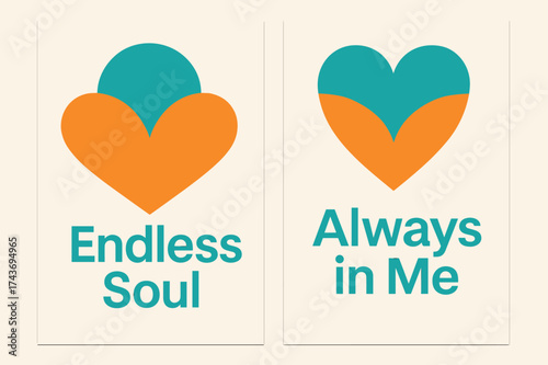 Abstract Heart Fusion. Union. Two vertical A6 banners with safe margins, centered composition, no elements touching edges, geometric style, turquoise and