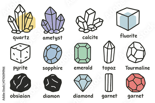 Accented Crystal Extravaganza. Mineral crystals. Hand-drawn doodle illustration mineral crystals quartz cluster (accented), amethyst (accented), calcite,