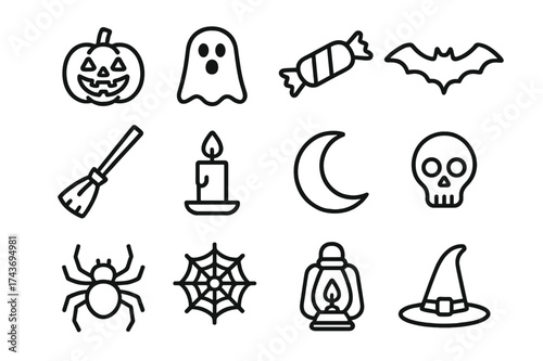 Halloween Icon Set. Trick or treat decorations. Line icon set of Trick or treat decorations: jack-o?-lantern, ghost, candy, bat, broomstick, candle, moon,