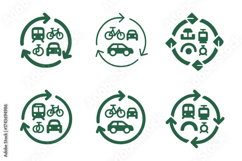 Sustainable Mobility Logos. Sustainable urban transportation. Set Logo of circular arrows: mobility symbol with cycle arrows and transport icons. harmonious