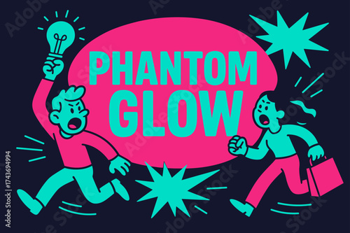 Phantom Glow Design. Phantom Glow banner, flat vector illustration, bold oversized text inside rounded blob, cartoon characters running and shouting, holding
