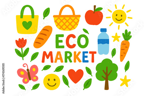 Eco Market Doodles. Eco Market. Colorful Hand-drawn doodle Children illustration tote bag, basket, apple, bread, flower, heart, leaf, sun, water bottle, star,