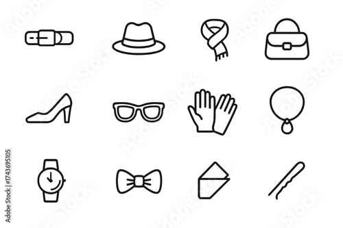 Fashion Accessories Icons. Fashion accessories. Line icon set of Fashion accessories: belt, hat, scarf, handbag, shoes, sunglasses, gloves, jewelry, watch,