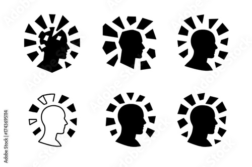 Mental Health Logos. PTSD flashback. Set Logo of mental health: silhouette surrounded by fragmented shapes. harmonious logo variations of the same emblematic