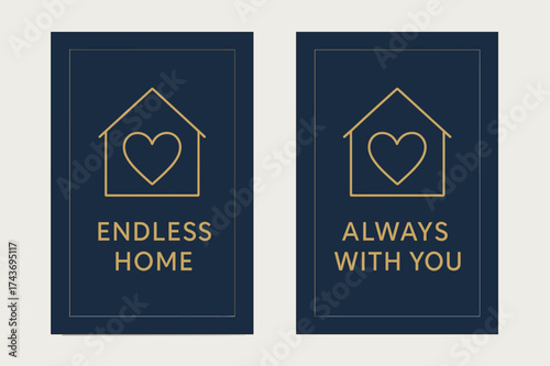Eternal Home Banners. Eternity. Two vertical A6 banners with safe margins, centered composition, no elements touching edges, modern minimal, navy and gold,