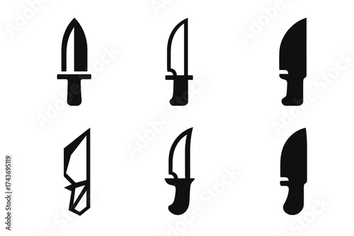 Knife Blade Logos. Edge. Set Logo of Conceptual design: knife blade icon. harmonious logo variations of the same emblematic concept, each with different