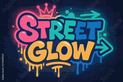 Vibrant Urban Graffiti. Street Glow ? Graffiti Simplified, chunky tilted bubble letters with dripping outlines, arrows and crown accents, flat spray fills,