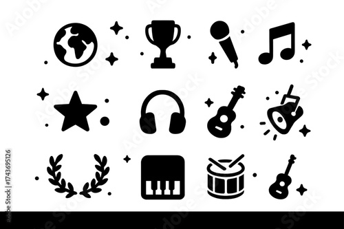 Music Awards Icons. International Music Awards. Solid icons set of globe, trophy, microphone, music note, star, record, headphones, guitar, drum, laurel