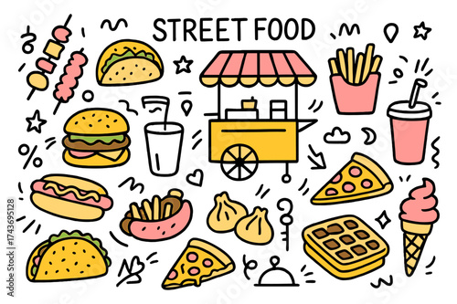 Vibrant Street Food Sketch. Street Food. Hand-drawn doodle illustration food cart (colored), skewers, taco (colored), hot dog, burger (colored), fries, soda