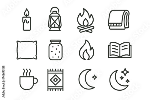 Cozy Night Icons. Cozy night. Line icon set of Cozy night: candle, lantern, firelight, blanket, pillow, glowing jar, flame, book, cup, rug, moon, stars. All