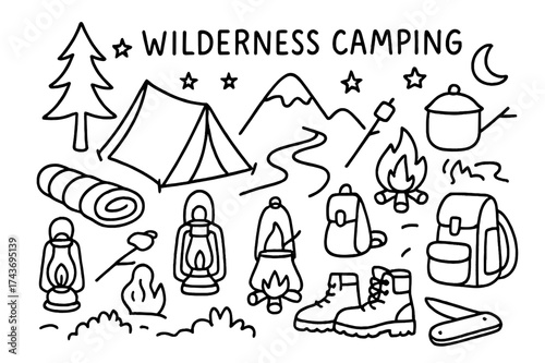 Wilderness Camping Doodles. Wilderness Camping. Hand-drawn doodle illustration Wilderness Camping tent, sleeping bag, lantern, campfire, marshmallow stick,