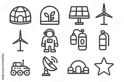 Future Habitats Icon Set. Future habitats. Line icon set of future habitats: habitat dome, greenhouse, solar panel, wind turbine, astronaut, oxygen tank,