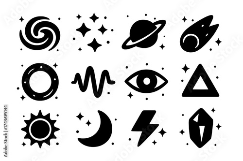 Cosmic Energy Icons. Cosmic energy. Solid icons set of Cosmic energy: swirling galaxy, star cluster, planet, comet, portal ring, energy wave, eye, triangle,