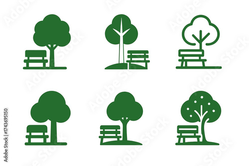 Environmental Logo Variations. Environmental justice. Set Logo of Environmental justice: Urban green space / community park with bench and tree. harmonious