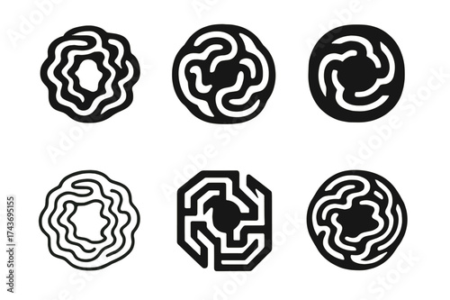 Harmonious Maze Logos. Twisted labyrinth of suffering. Set Logo of Conceptual art: chaotic maze with depth. harmonious logo variations of the same emblematic