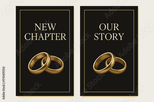Elegant Wedding Banners. New Chapter. Two vertical A6 banners with safe margins, centered composition, no elements touching edges, modern minimal, black and