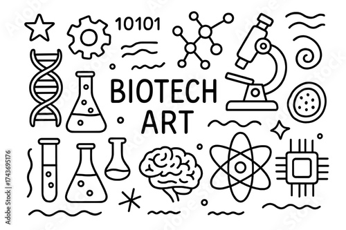 Biotech Doodles. Biotech Art. Hand-drawn doodle illustration Biotech Art DNA helix, gear, microscope, test tube, flask, molecule, cell, binary code, spiral,