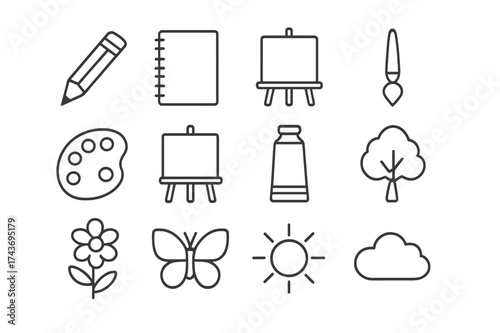Nature Sketch Icon Set. Sketching Nature. Line icon set of Sketching Nature: pencil, sketchbook, easel, paintbrush, palette, canvas, paint tube, tree, flower,