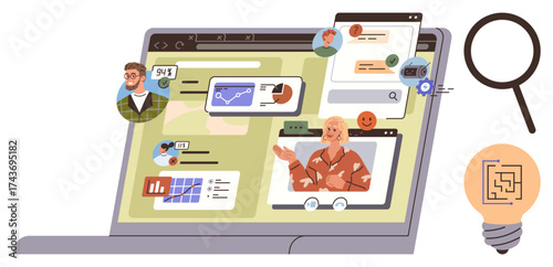 Laptop screen featuring video conference, analytics, chats, and team collaboration ideas. Ideal for productivity, teamwork, remote work, brainstorming, project management communication