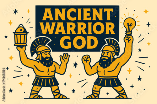 Warrior God Banner. Ancient Warrior God banner, flat vector illustration, bold oversized text inside rectangular frame, cartoon characters standing and waving,